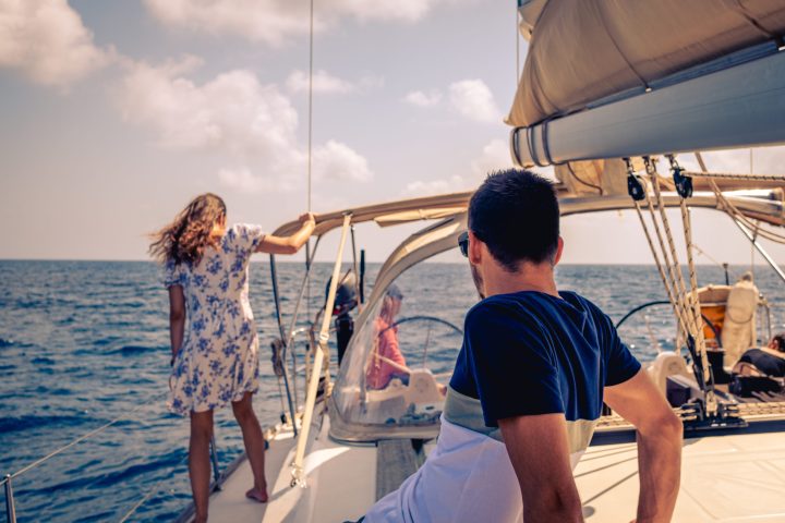 Sitting on a sailing yacht in Barcelona, Catalunya, Spain