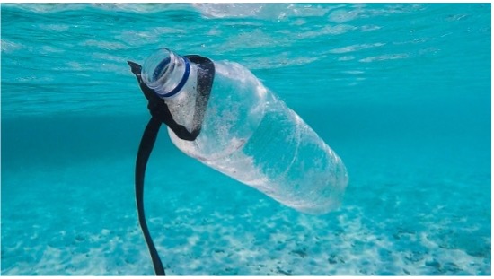 Plastic bottle floating underwater in a clear blue ocean.