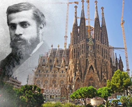 A grayscale portrait of a bearded man next to the Sagrada Familia basilica.
