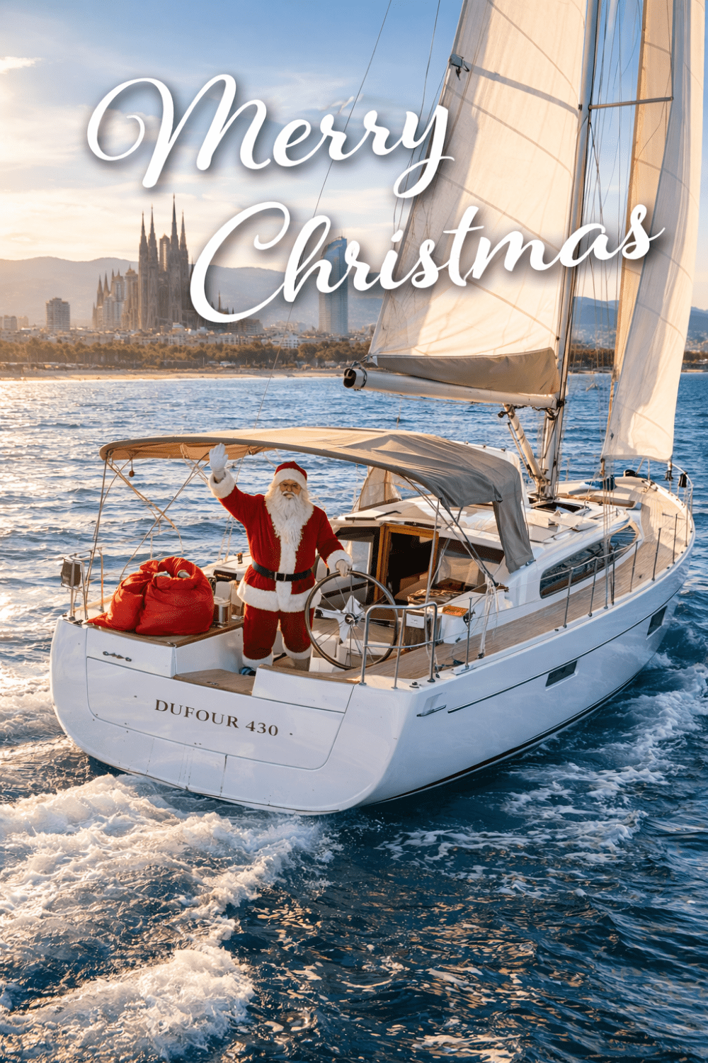 Santa waves from a sailboat with 'Merry Christmas' text and a city skyline in the background.