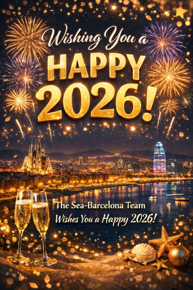 Fireworks over Barcelona skyline with 'Happy 2026' message and champagne glasses.