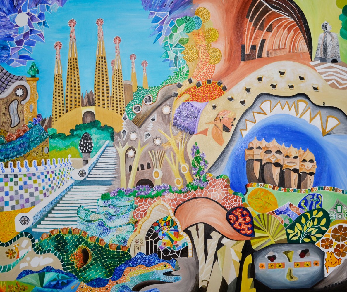 Colorful abstract painting with architectural elements and mosaic patterns.