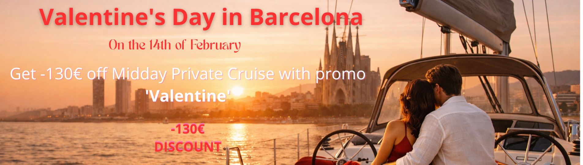 Couple on boat at sunset with Valentine's cruise offer in Barcelona.