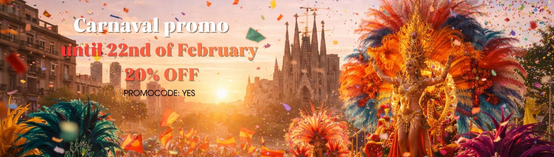 Carnival promo with colorful parade, 20% off till February 22. Promo code: YES.