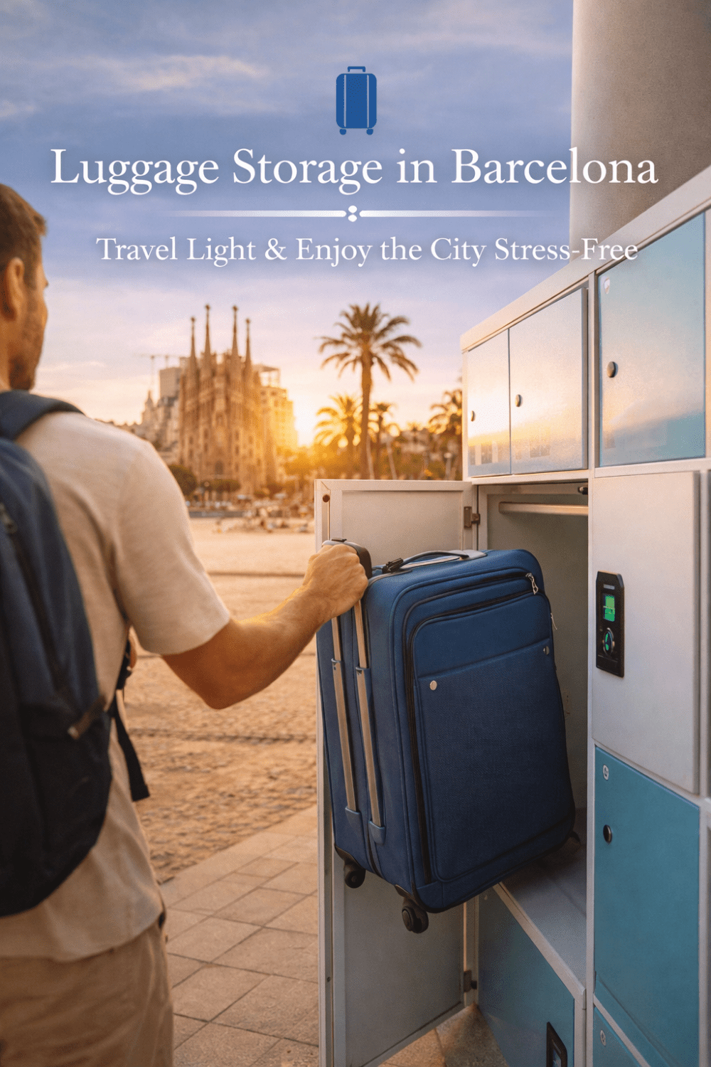 Person storing a blue suitcase in a locker with a cityscape background at sunset.