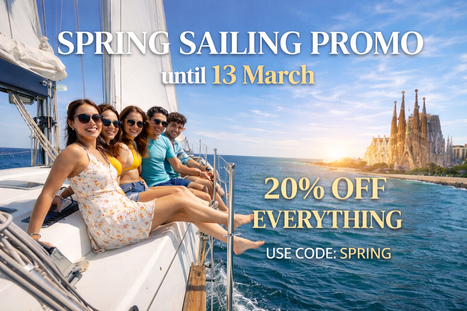 Group on yacht with 'Spring Sailing Promo' and '20% off' text near scenic coast.