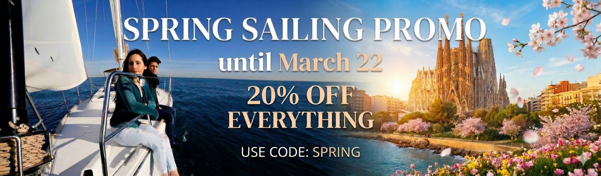 Spring sailing promo: 20% off until March 22, use code 'SPRING', with a couple on a sailboat.