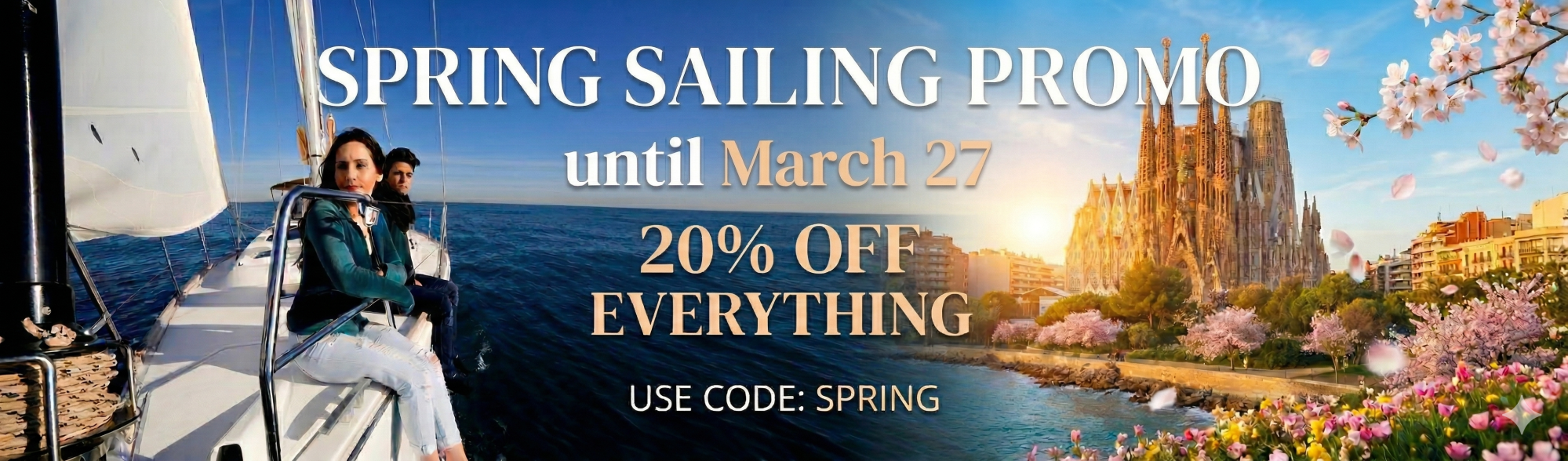 Spring sailing promo banner with couple on a boat and landmark, offering 20% off with code SPRING.