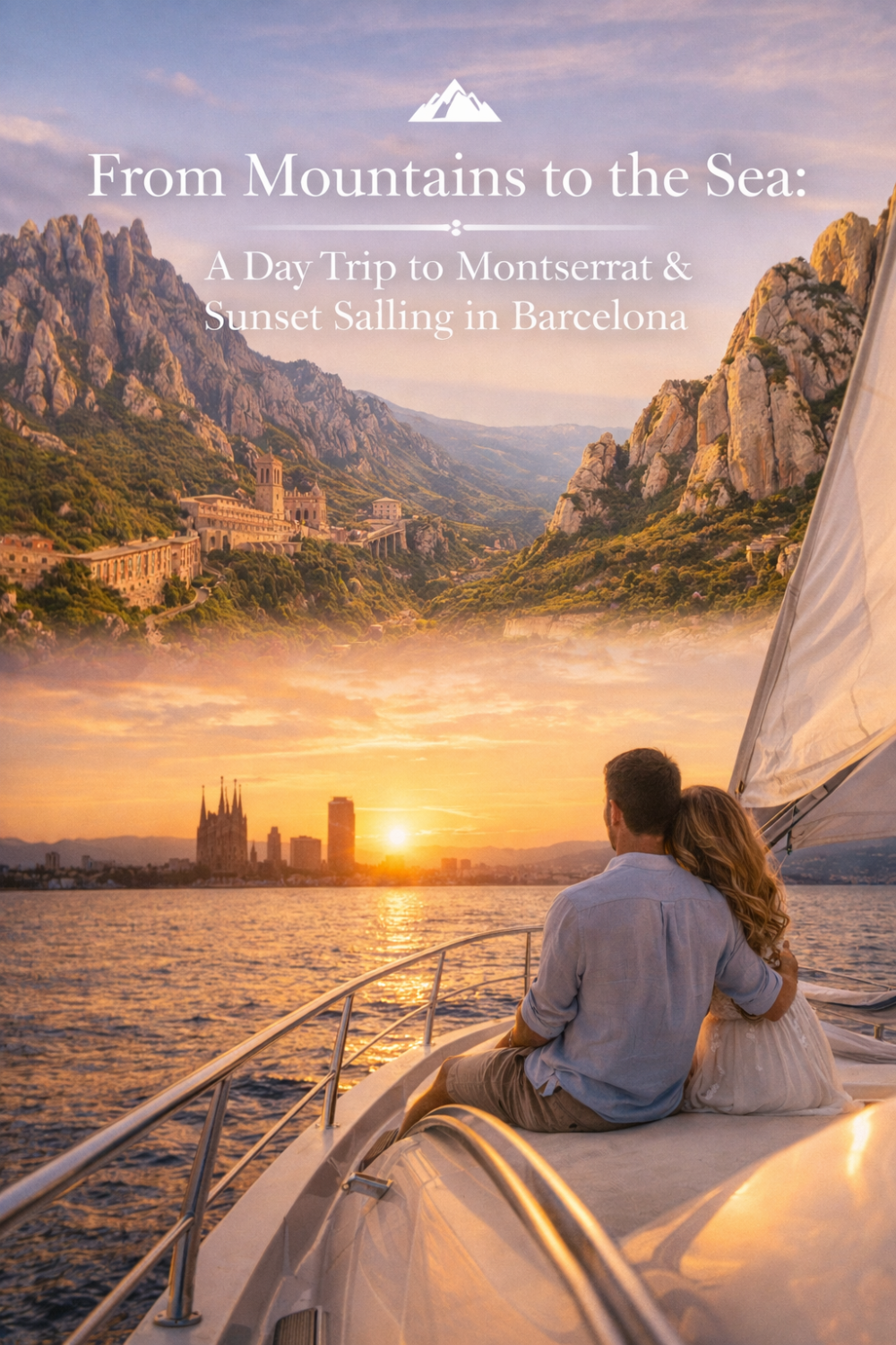 Couple on sailboat at sunset, with mountains and Montserrat monastery in background.
