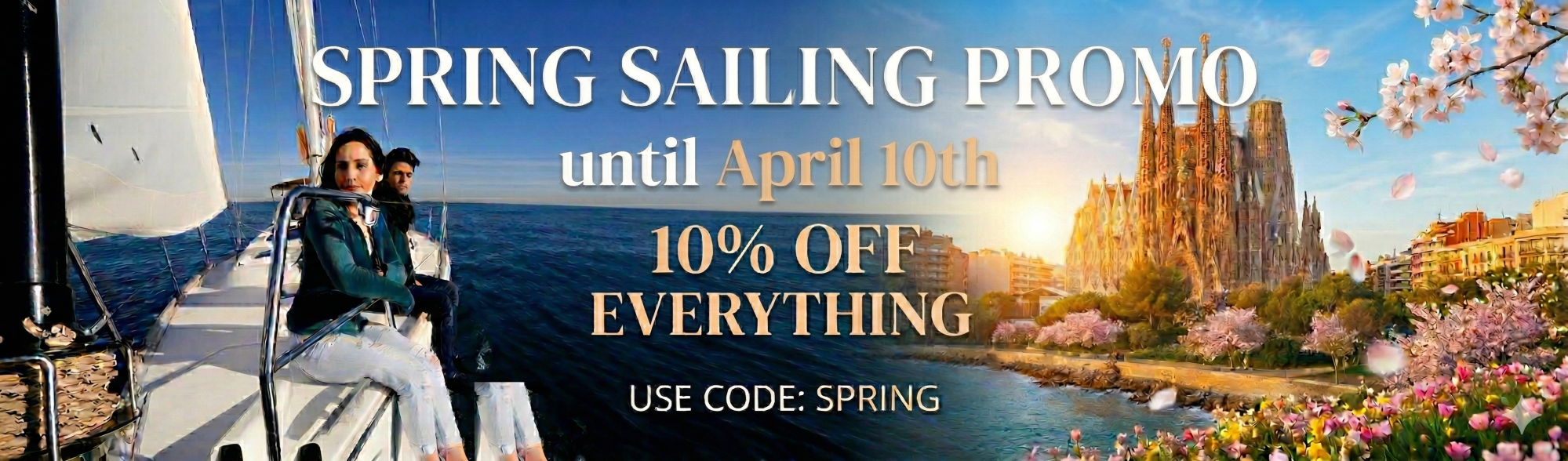 Spring sailing promo banner with a couple on a sailboat and cityscape background.