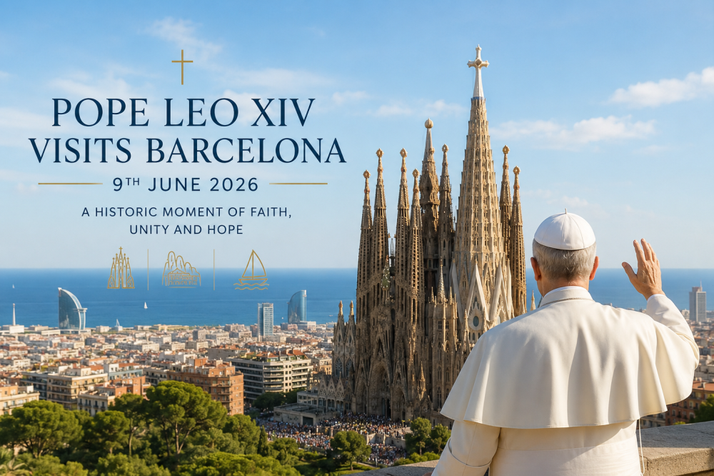 Pope waving towards Sagrada Familia in Barcelona under clear sky.