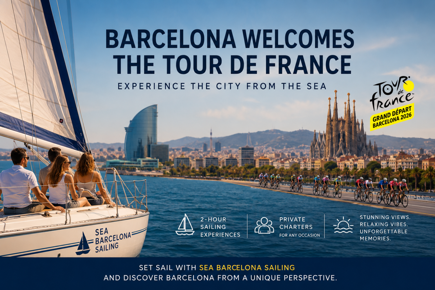 Sailboat with people, city skyline, and cyclists promoting Tour de France Barcelona 2023.