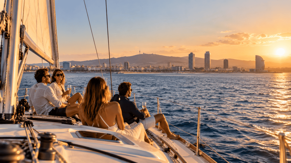 People on a sailboat enjoying a sunset with city skyline in the background.